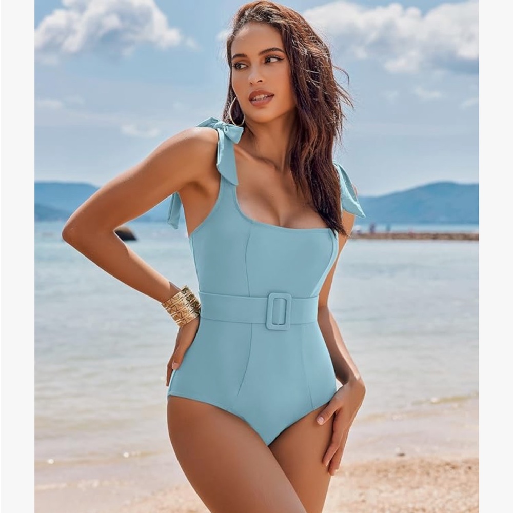 NWT Aimage Light Blue Square Neck Belted Tie Shoulders One Piece Swimsuit Size L
